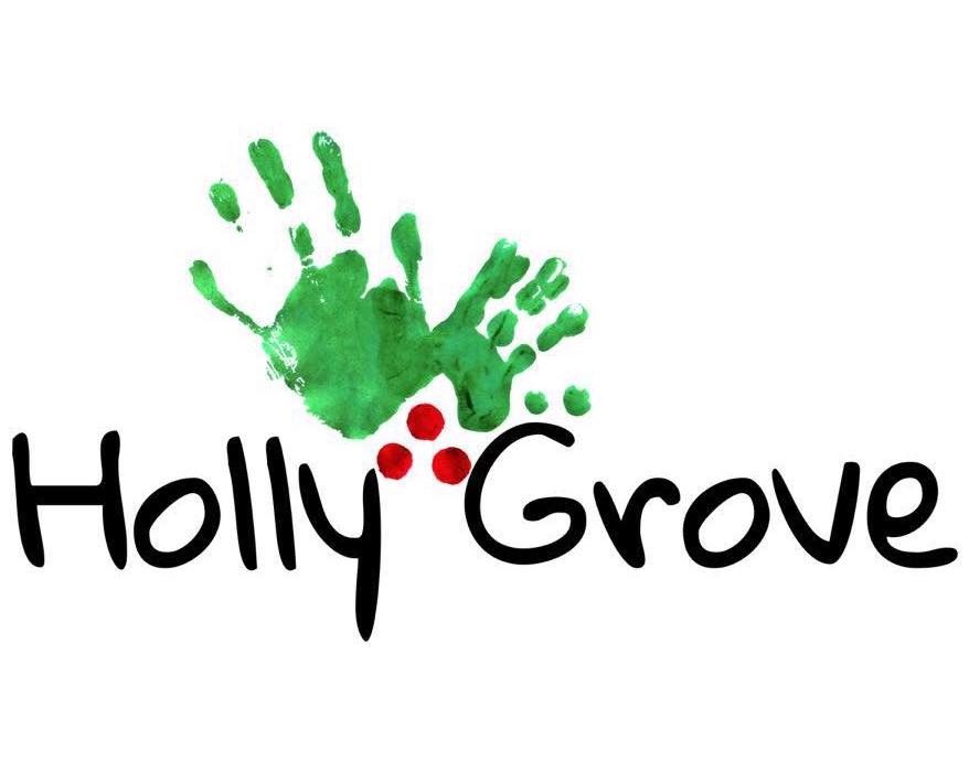 "Holly Grove" logo of two green, paint handprints